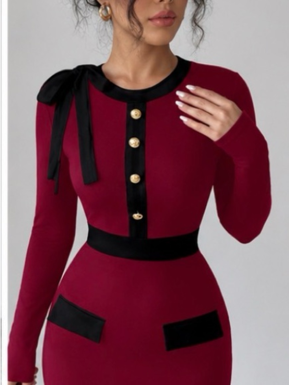 SHEIN Burgundy Long Sleeve Dress with Black Trim and Gold Buttons